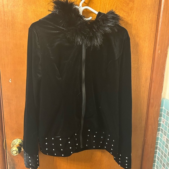 New Trendy Alternative Gothic Black Faux Fur Hood Womens Jacket With Gem Details - Picture 6 of 6